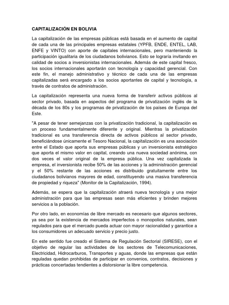 Capitalización de Empresas en Bolivia | PDF | Privatización | Empresa ...