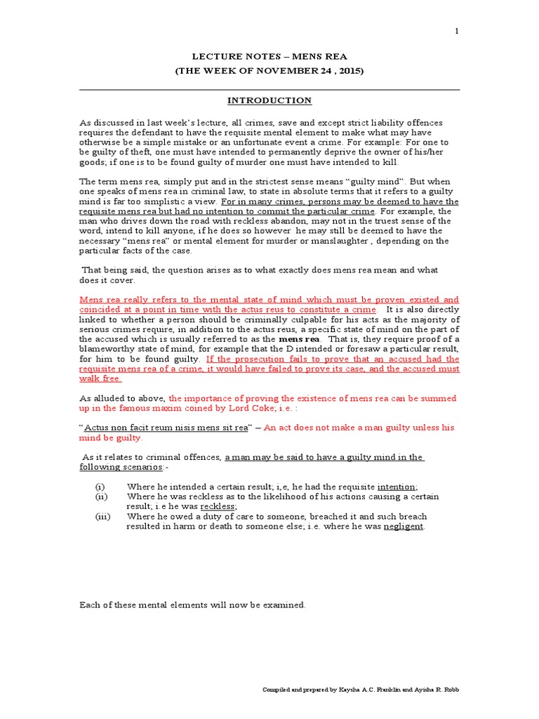 Lect 3 Mens Rea Pdf Mens Rea Recklessness Law