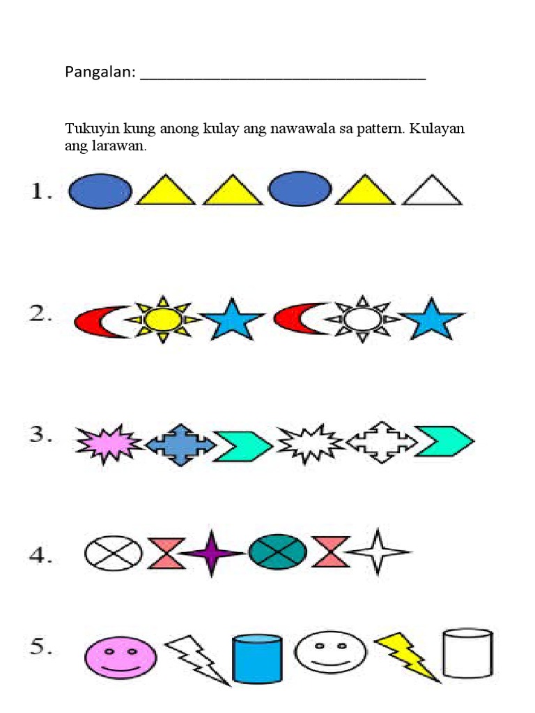 Pangalan: - : Tukuyin Kung Anong Kulay Ang Nawawala Sa Pattern. Kulayan ...