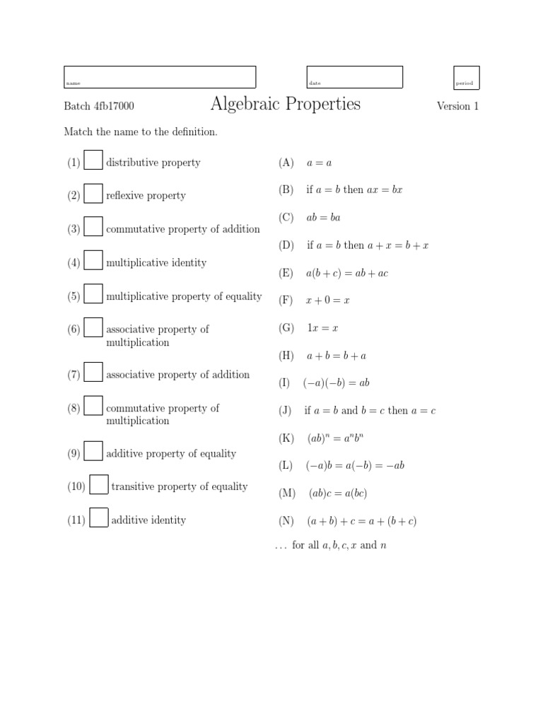 Algebra Properties PDF Algebra Multiplication