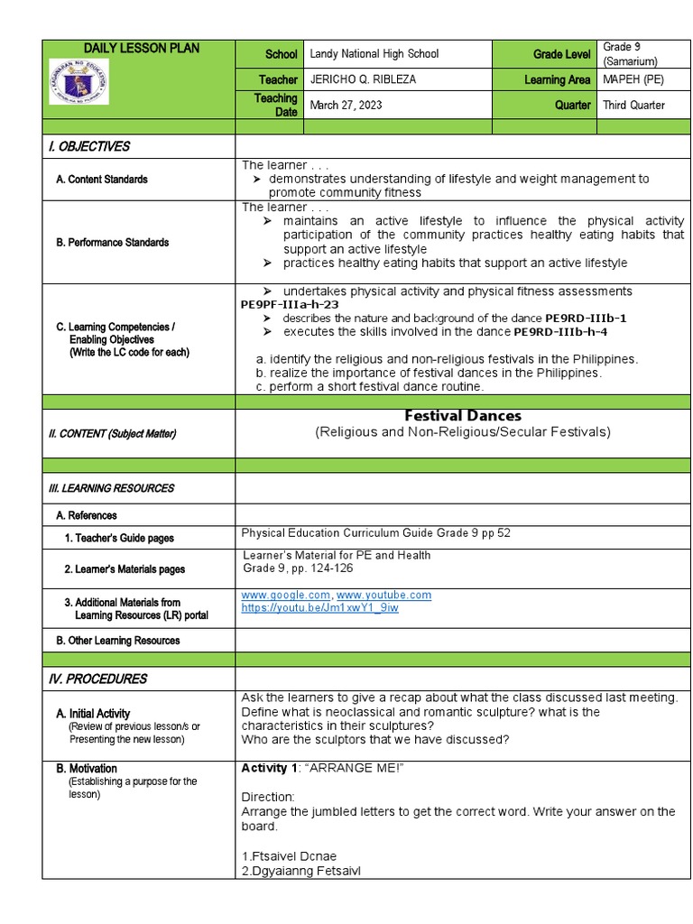 Festival Dance Lesson Plan | PDF | Foot | Physical Education