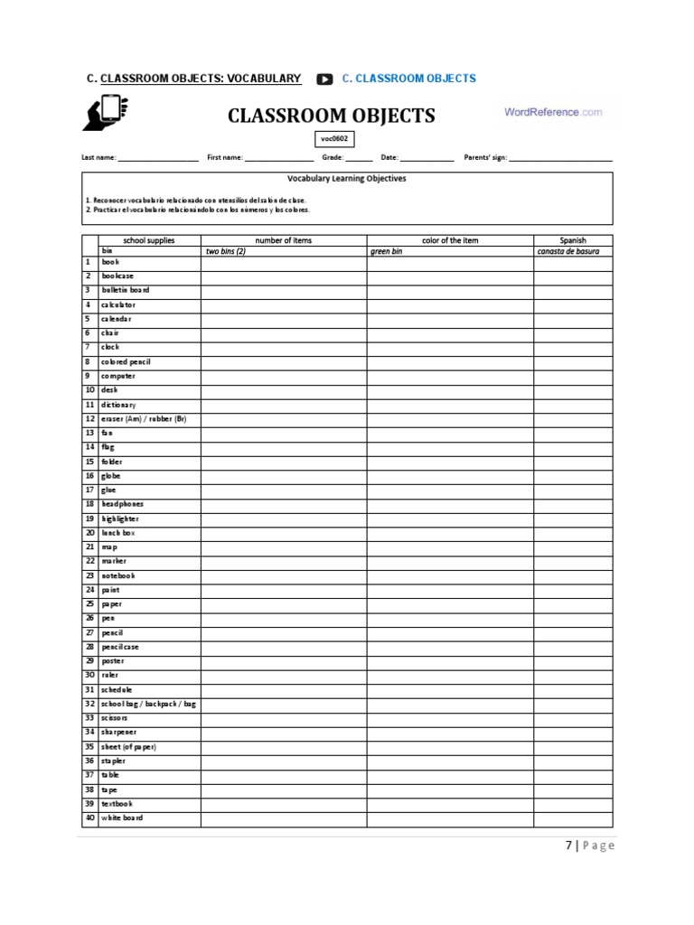 Classroom Vocabulary Identifying School Supplies and Their Spanish