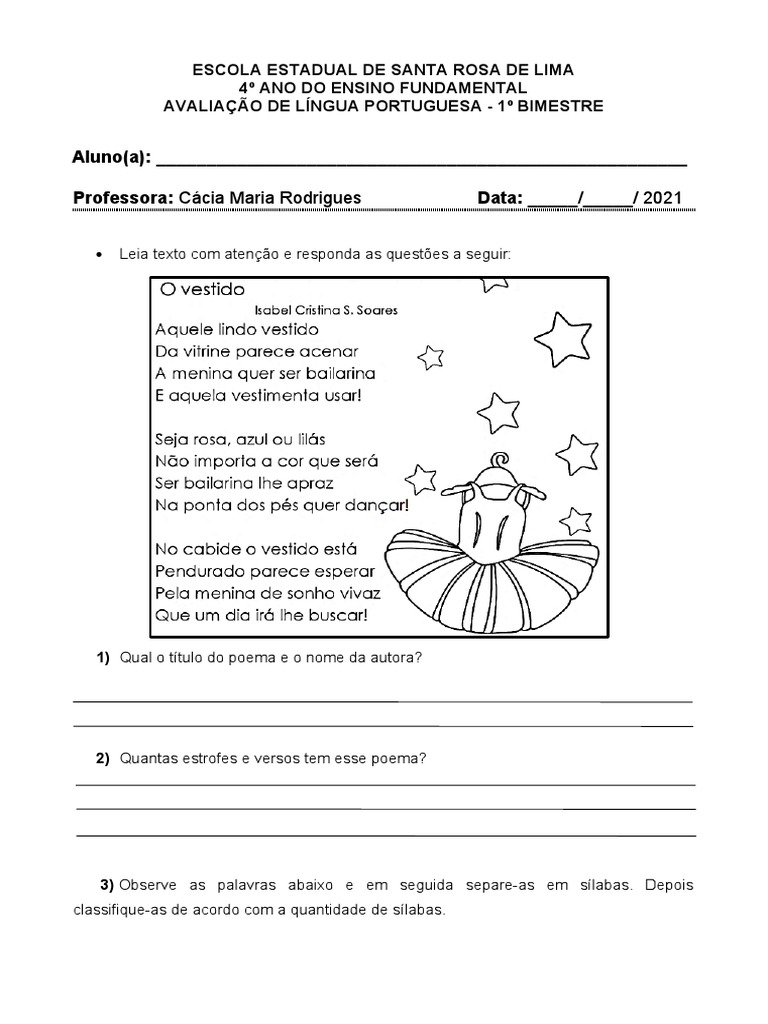 Avaliação de Português 4º Ano - 1º Bimestre | PDF | Estudos de Línguas ...