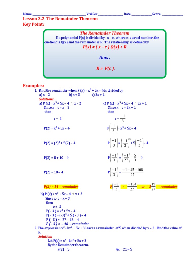 Applying the Remainder Theorem: A Worksheet with Practice Problems