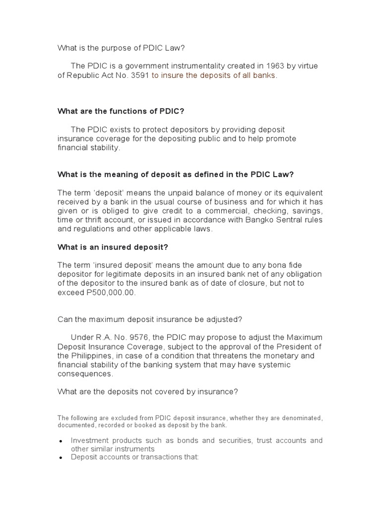 What Is The Purpose of PDIC Law PDF Deposit Account Deposit Insurance