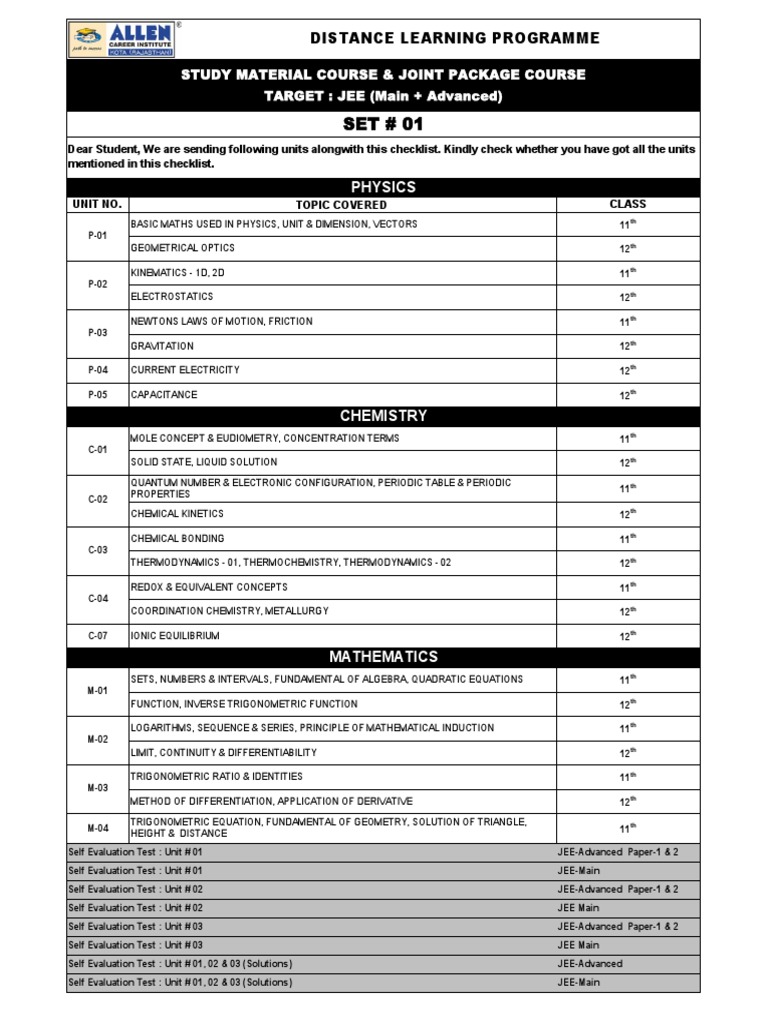 JEE Study Material Checklist | PDF | Chemistry | Equations