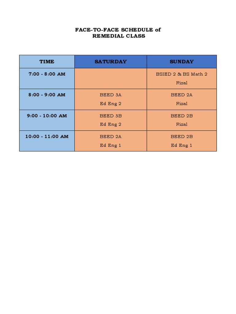 FaceToFace Schedule of Remedial Class PDF