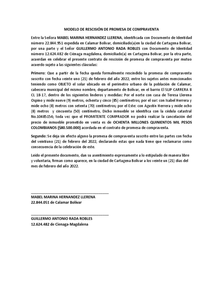 Rescisión de Promesa de Compraventa | PDF
