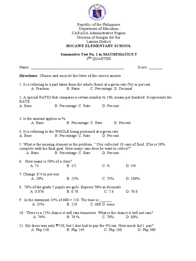 Grade 5 Mathematics Summative Test 1 | PDF | Percentage | Mathematics
