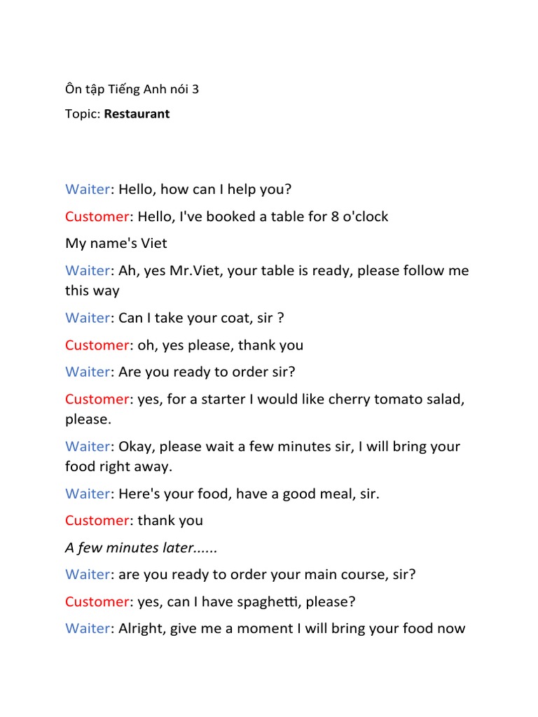 Waiter-Customer Dialogue Script | PDF