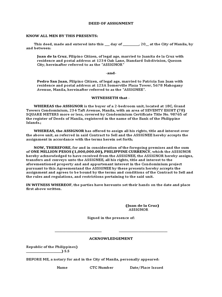 Deed of assignment sample pdf assignment law manila