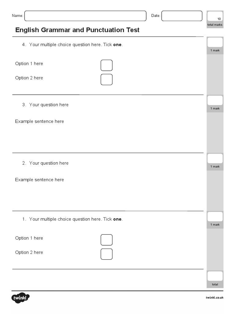 10Question English Grammar and Punctuation Test with Multiple Choice