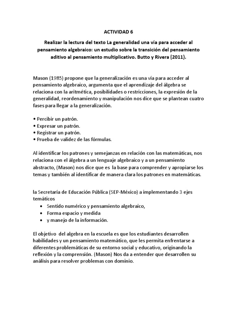 Generalidad en el Pensamiento Algebraico | PDF | Pensamiento | Álgebra