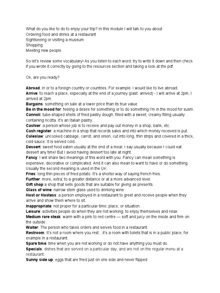 Script Vocabulary Module 4 PDF Restaurants Foods