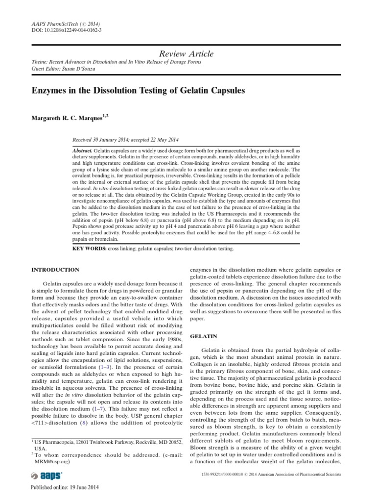 Enzymes in The Dissolution Testing of Gelatin Capsules PDF Gelatin