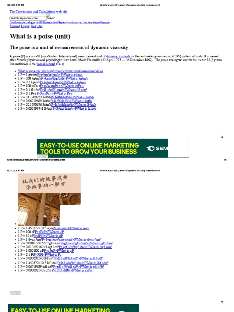 What Is A Poise (P), A Unit of Dynamic Viscosity Measurement | PDF ...