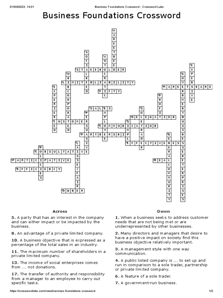 Business Foundations Crossword Answers PDF Corporations Financial Economics
