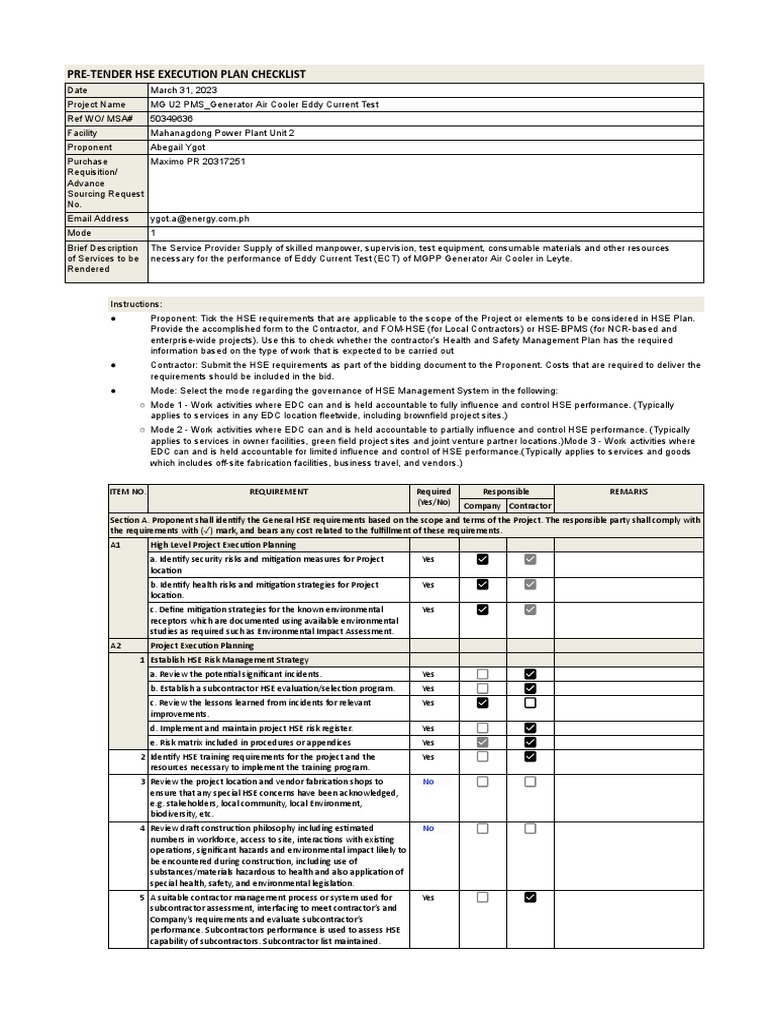 Appendix A-0-3 Pre-Tender HSE CL | Download Free PDF | Dangerous Goods ...