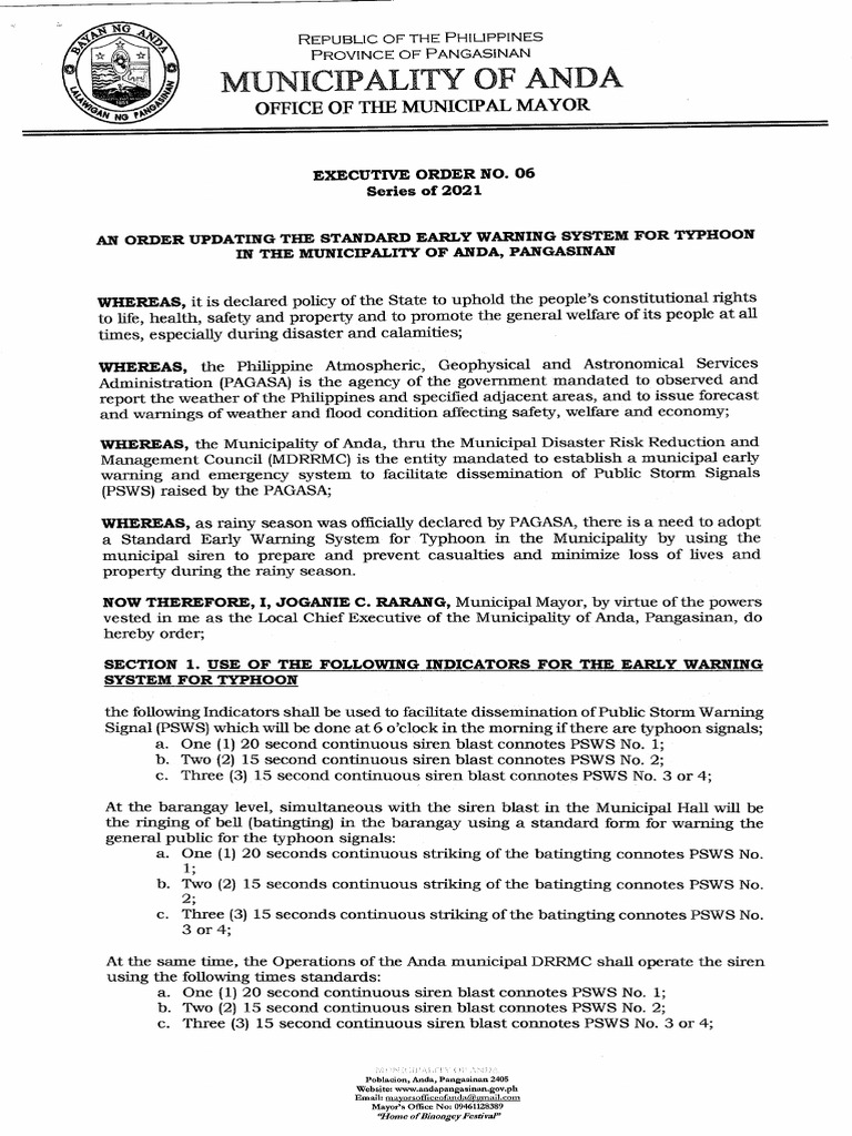 2021 Eo 0006 An Order Updating The Standard Early Warning System For Typhoon PDF Tropical
