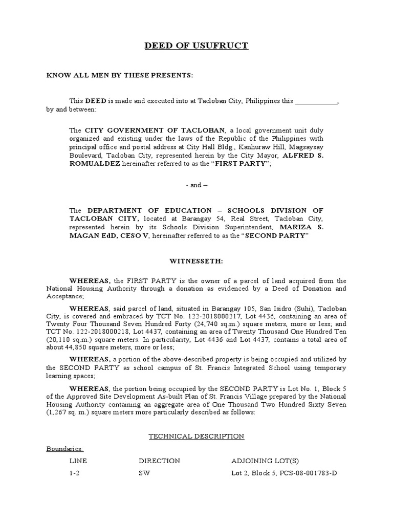 Deed of Usufruct Saint Francis PDF Property Law Environmental Law