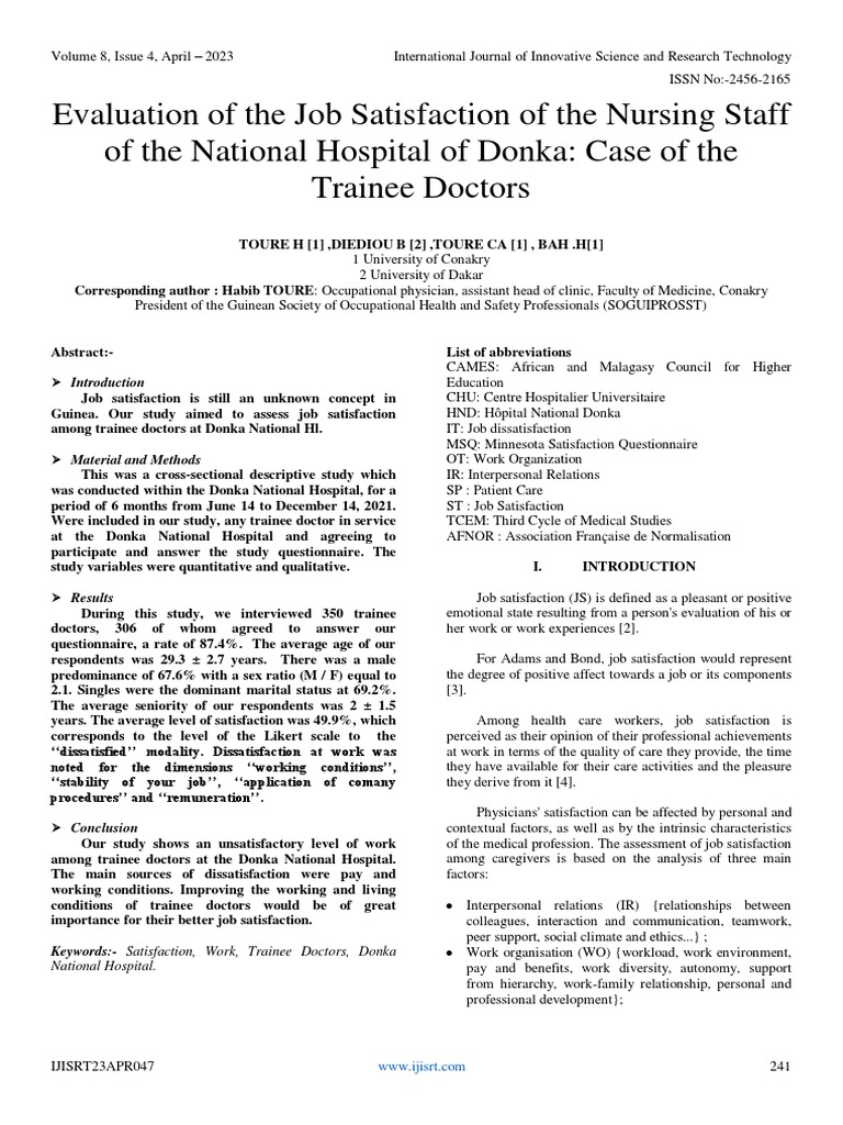 Evaluation of the job satisfaction of the nursing staff of the national