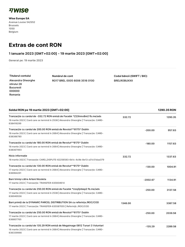 Extras de Cont RON: 1 Ianuarie 2023 (GMT+02:00) - 19 Martie 2023 (GMT+ ...