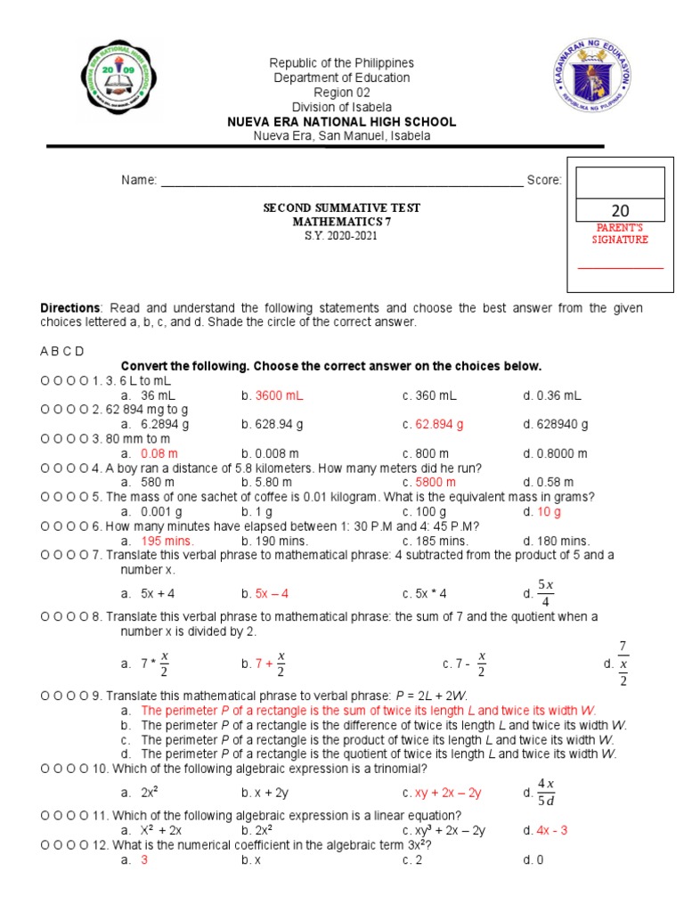 Math 7 Summative Test Philippines | PDF | Mathematics | Algebra