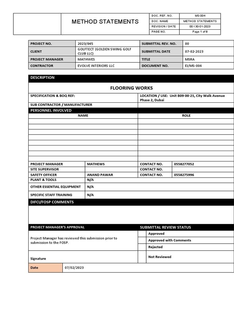 Flooring Works Method Statement | PDF | Risk | Personal Protective ...