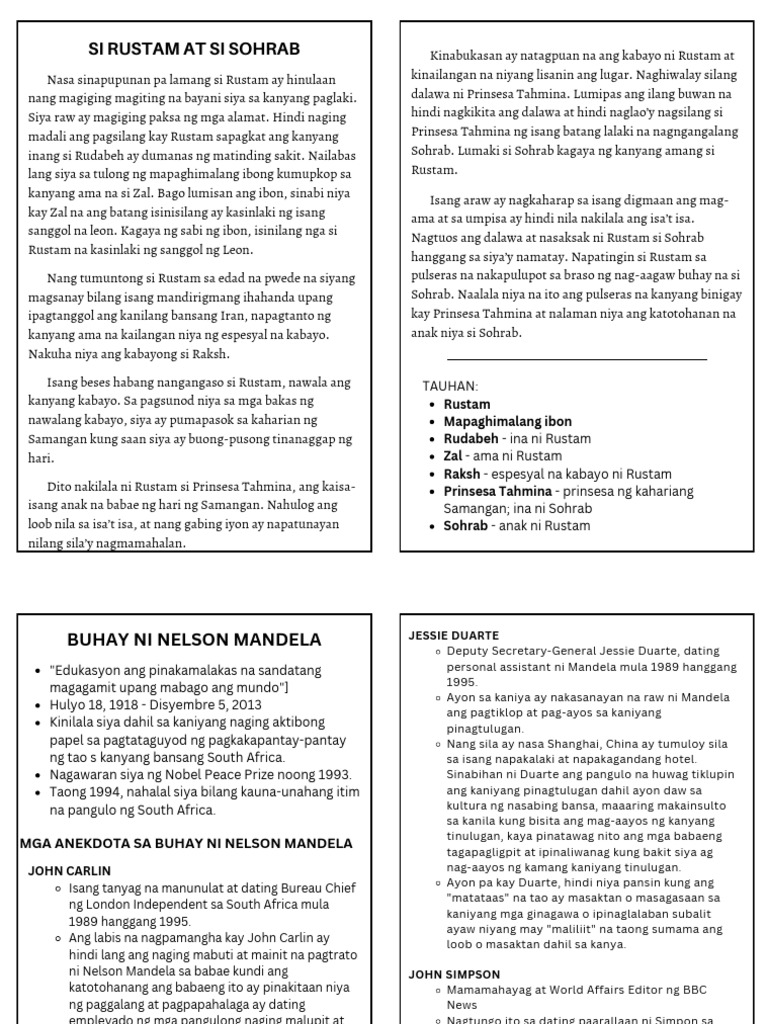 Si Rustam at Si Sohrab: Tauhan | PDF