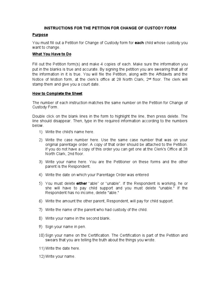 Petition For Change of Custody Form PDF Child Custody Child Support