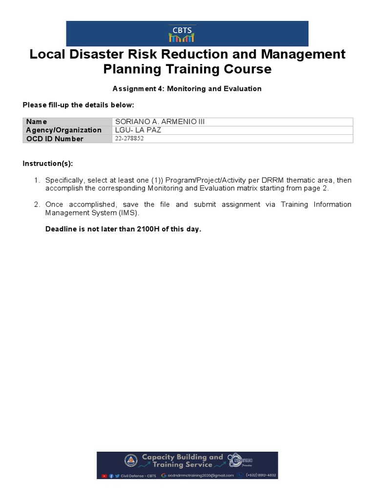 DRRM Training Course: M&E Assignment | PDF | Emergency Management ...