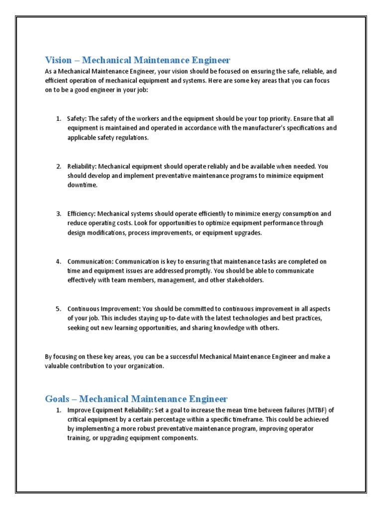 Vision Goals Mechanical Maintenance Engineer PDF Reliability