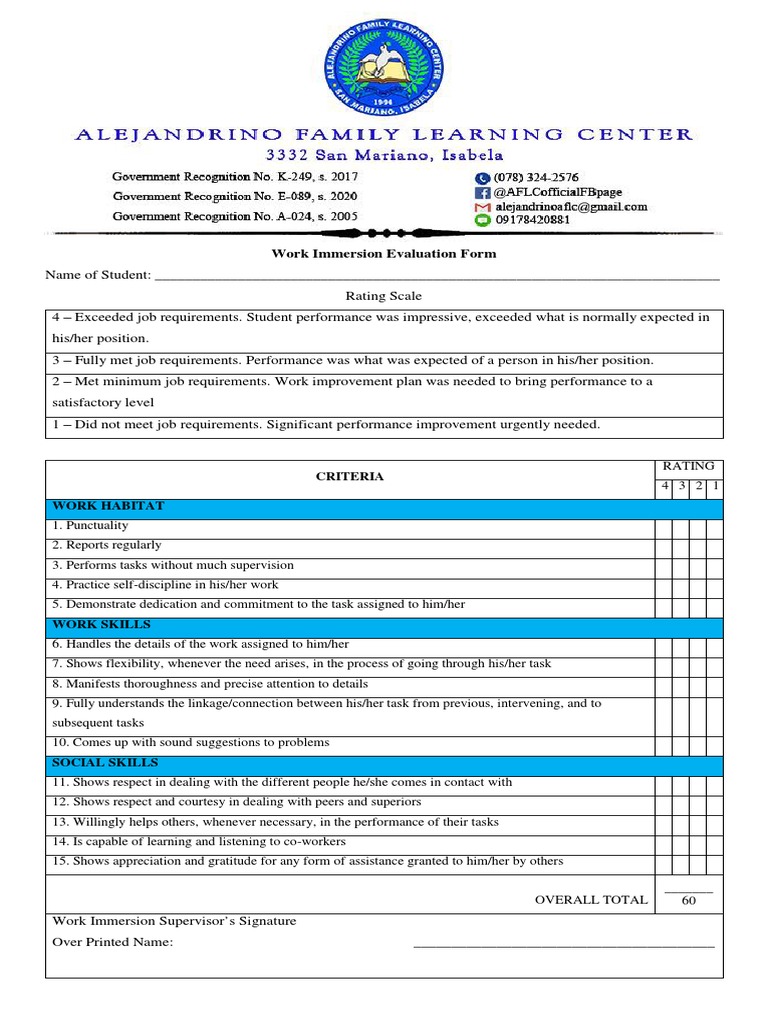 Work Immersion Evaluation Criteria | PDF