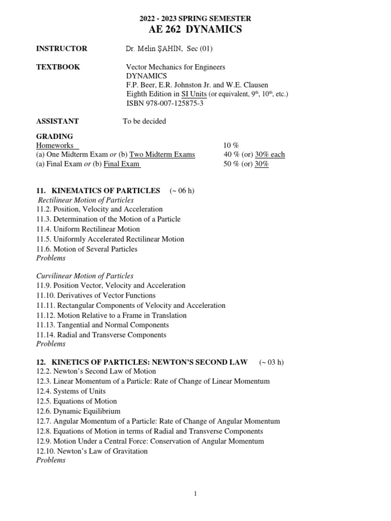 AE 262 Dynamics Course Overview | PDF | Rotation Around A Fixed Axis ...