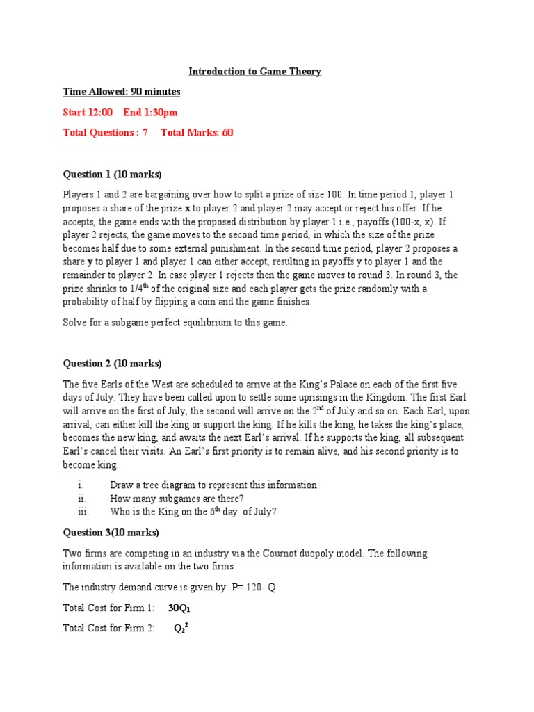 Introduction to Game Theory: Subgame Perfect Equilibria and Mixed ...