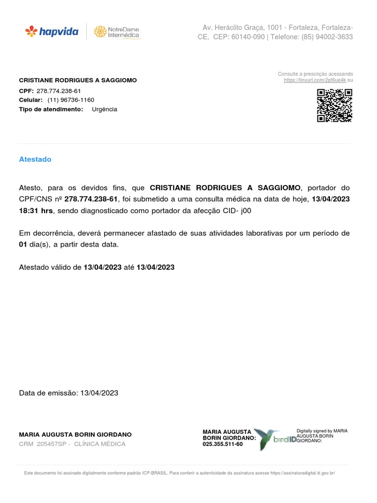 Atestado: 18:31 HRS, Sendo Diagnosticado Como Portador Da Afecção CID ...