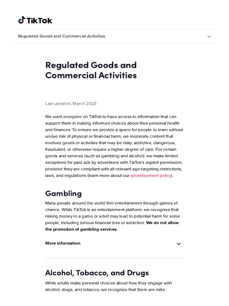 Community Guidelines - TikTok - March 2023 - Regulated Goods | PDF |  Gambling