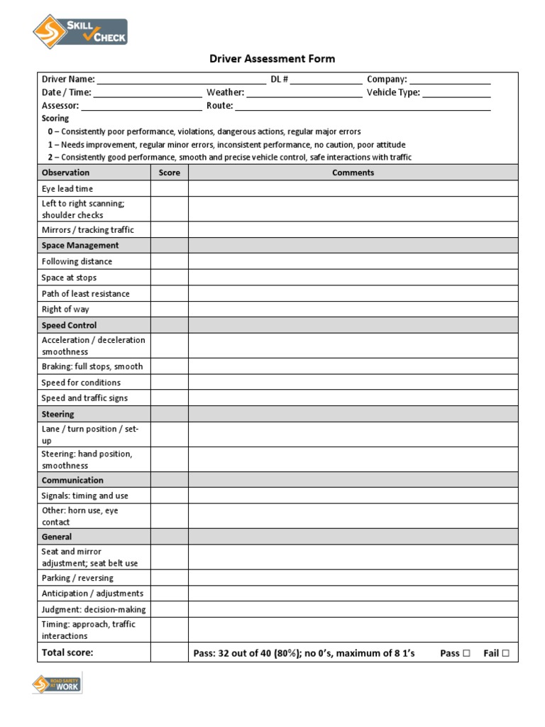 RSAW SkillCheck Driver Assessment Form Printable | PDF