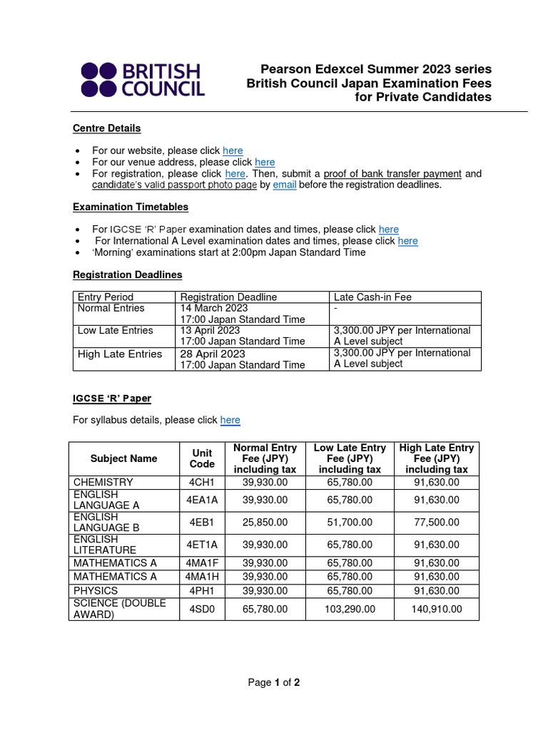 BCJ Summer 2023 Pearson Edexcel Exam Fees 3 PDF Physics