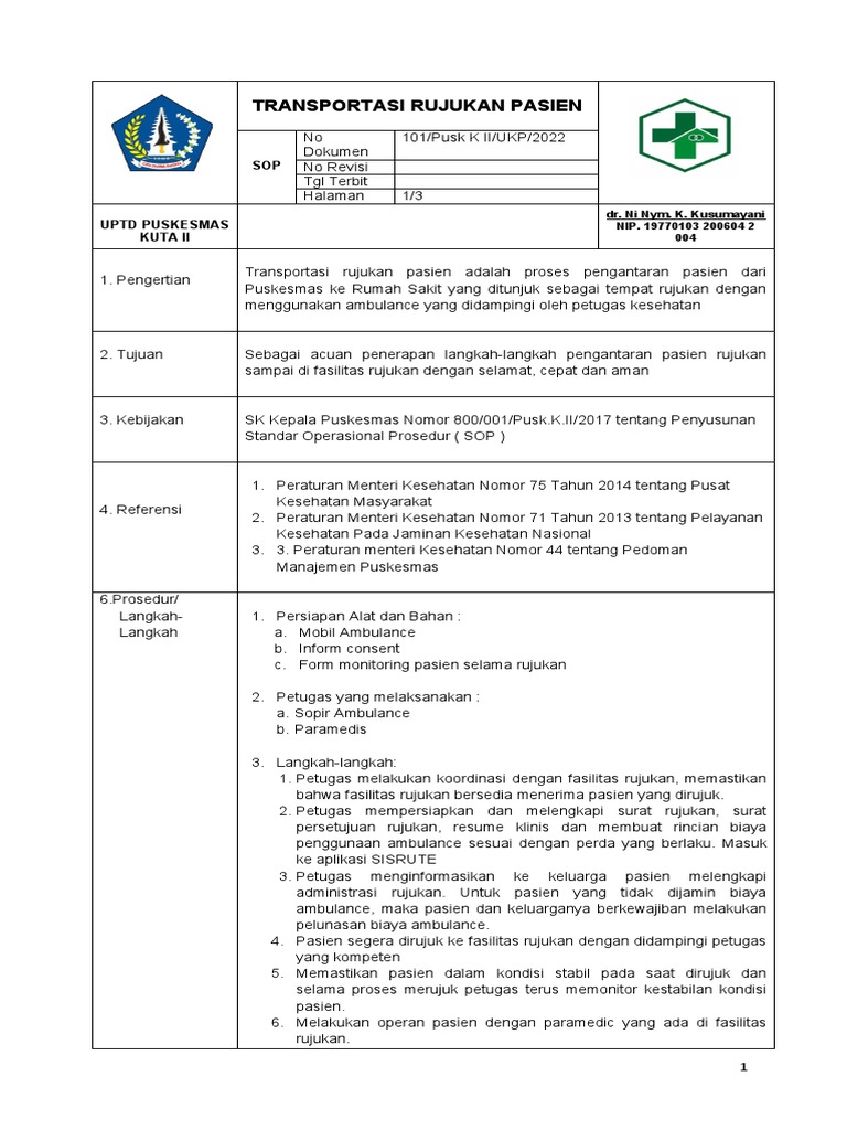 Sop Transportasi Rujukan Pasien 2022 | PDF