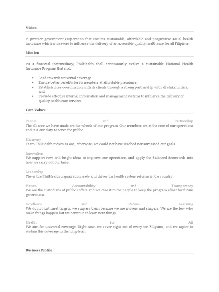 PhilHealth Mission, Vision, and Values | PDF | Health Care | Service ...