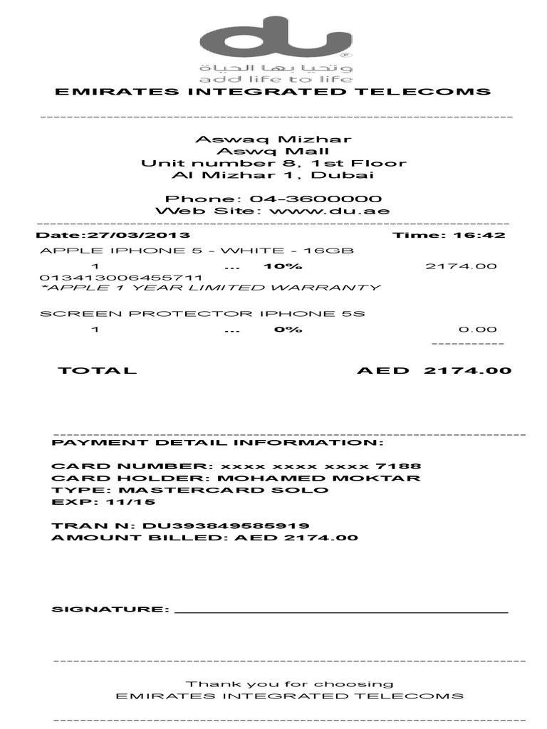 Emirates Telecom Payment Receipt | PDF