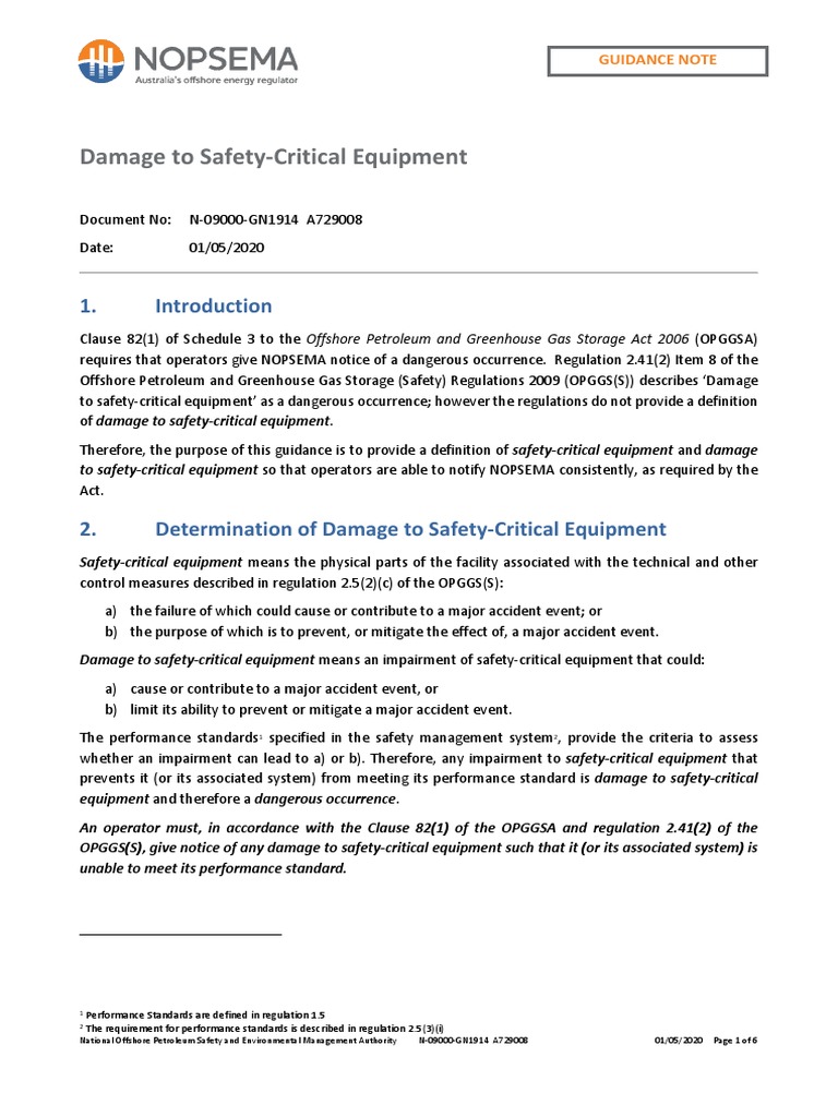 Damage To SafetyCritical Equipment Guidance Note PDF Safety