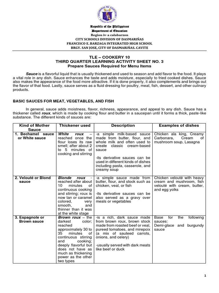 TLE Cookery 10 Third Quarter Learning Activity Sheet No. 3 Prepare