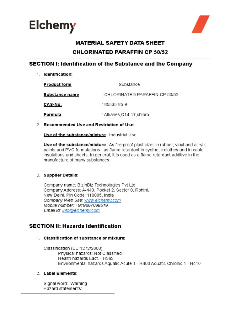 Chlorinated Paraffins MSDS Elchemy PDF Personal Protective