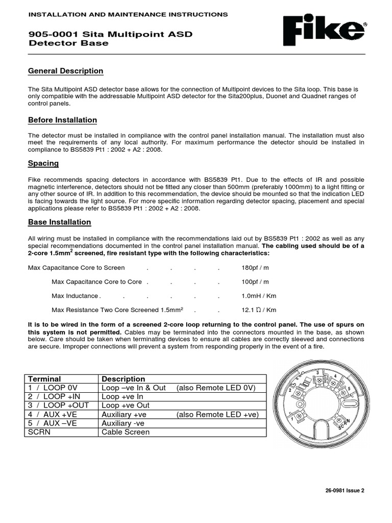 9050001 Sita Multipoint ASD Detector Base Installation and Maintenance Instructions PDF