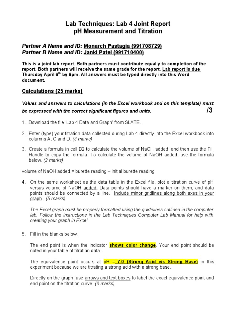 Lab Techniques Lab 4 Joint Report PH Measurement and Titration PDF