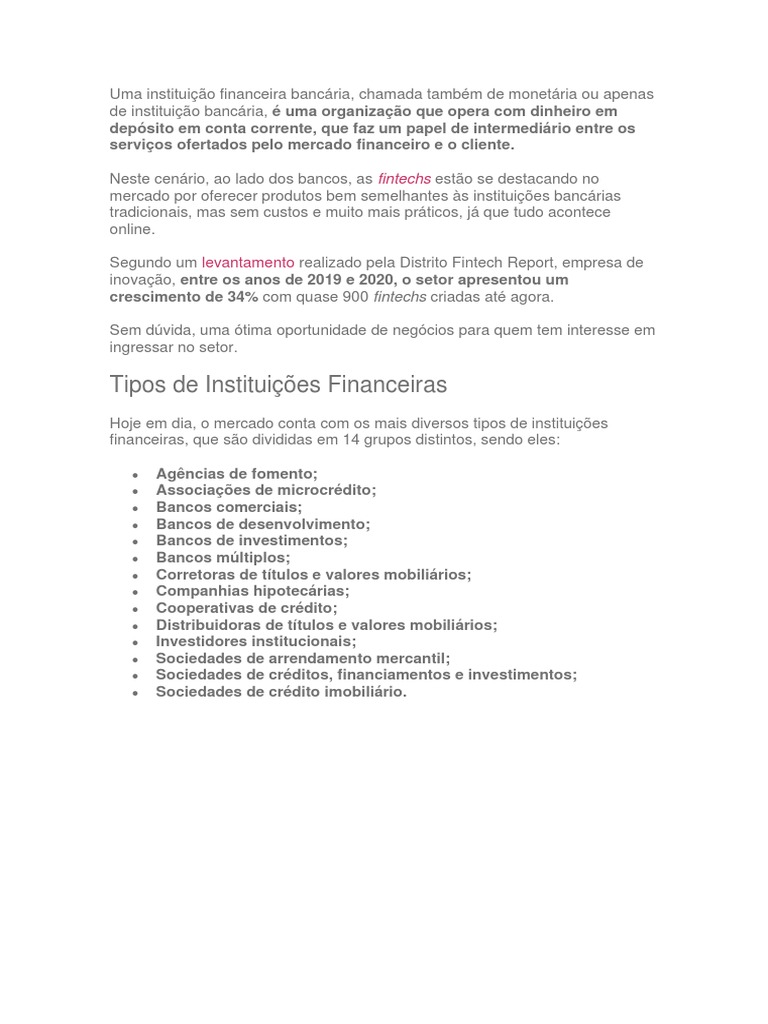 Tipos de Instituições Financeiras e Fintechs | PDF | Finanças e ...