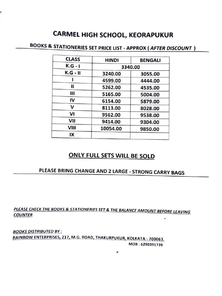 Stationeries Approx (After Carmel High School, Keorapukur Books PDF
