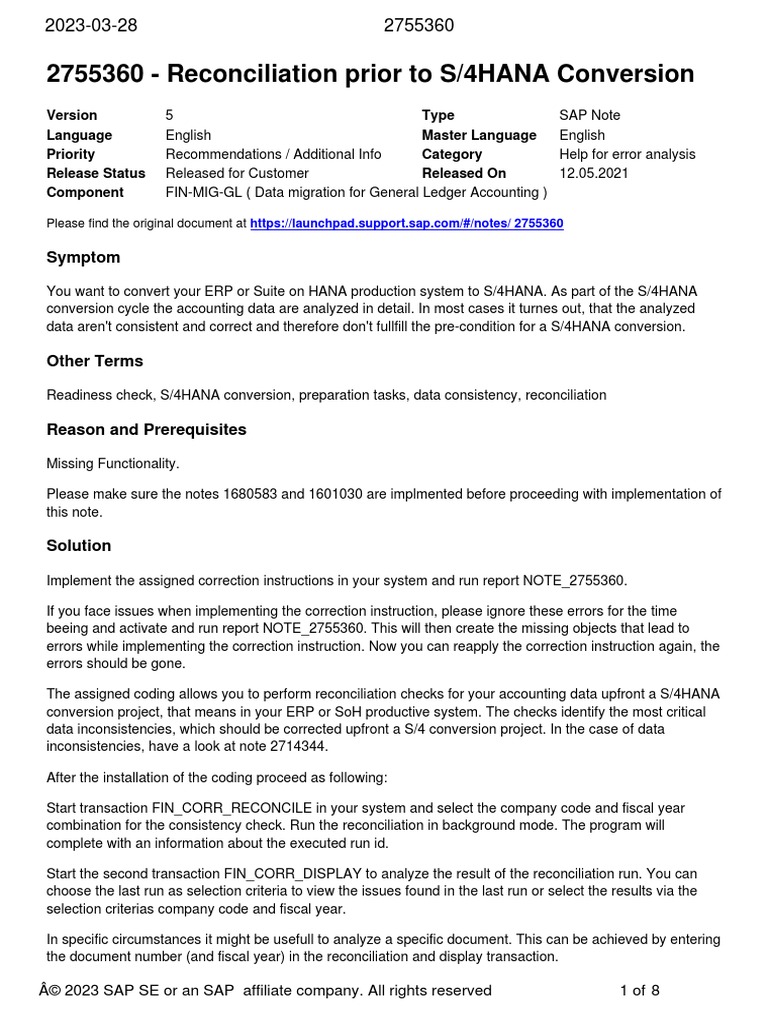 Reconciliation prior to s 4hana conversion symptom pdf systems